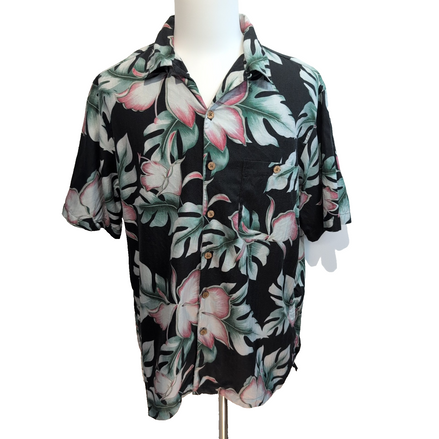 Chemise Hawaïenne Caribbean L 70% Soie Noir Fleurs Fuchsia Boutons Bois