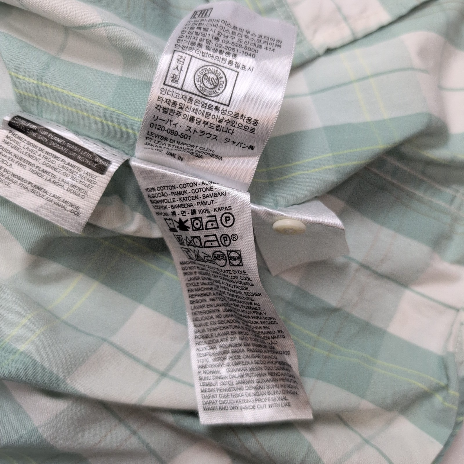 Chemise LEVI'S Homme XL Vert Pâle à Carreaux Manches Courtes Poche