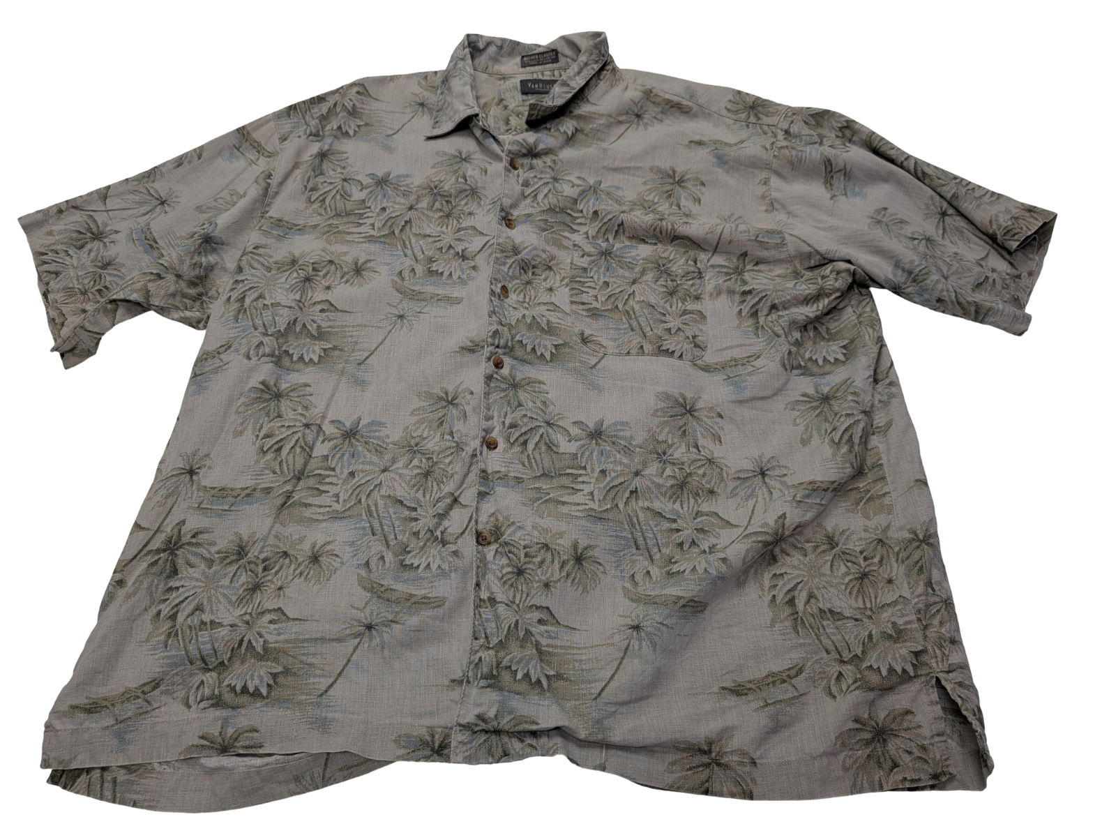 Chemise hawaïenne lin et coton Van Heusen palmiers manches courtes XL #716h