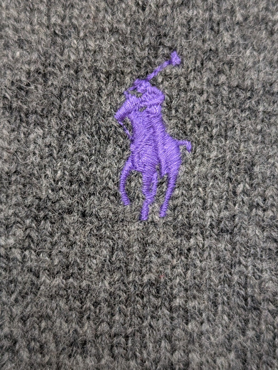 Pull Polo Ralph Lauren Gris Logo Violet - 100% Laine d'Agneau L (Ajusté)