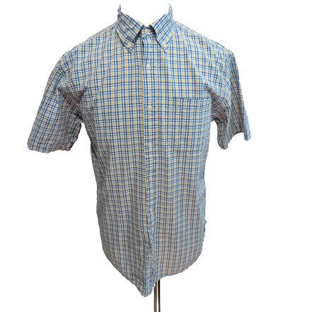Chemise L.L.Bean M bleu jaune gaufrée manches courtes coton rare