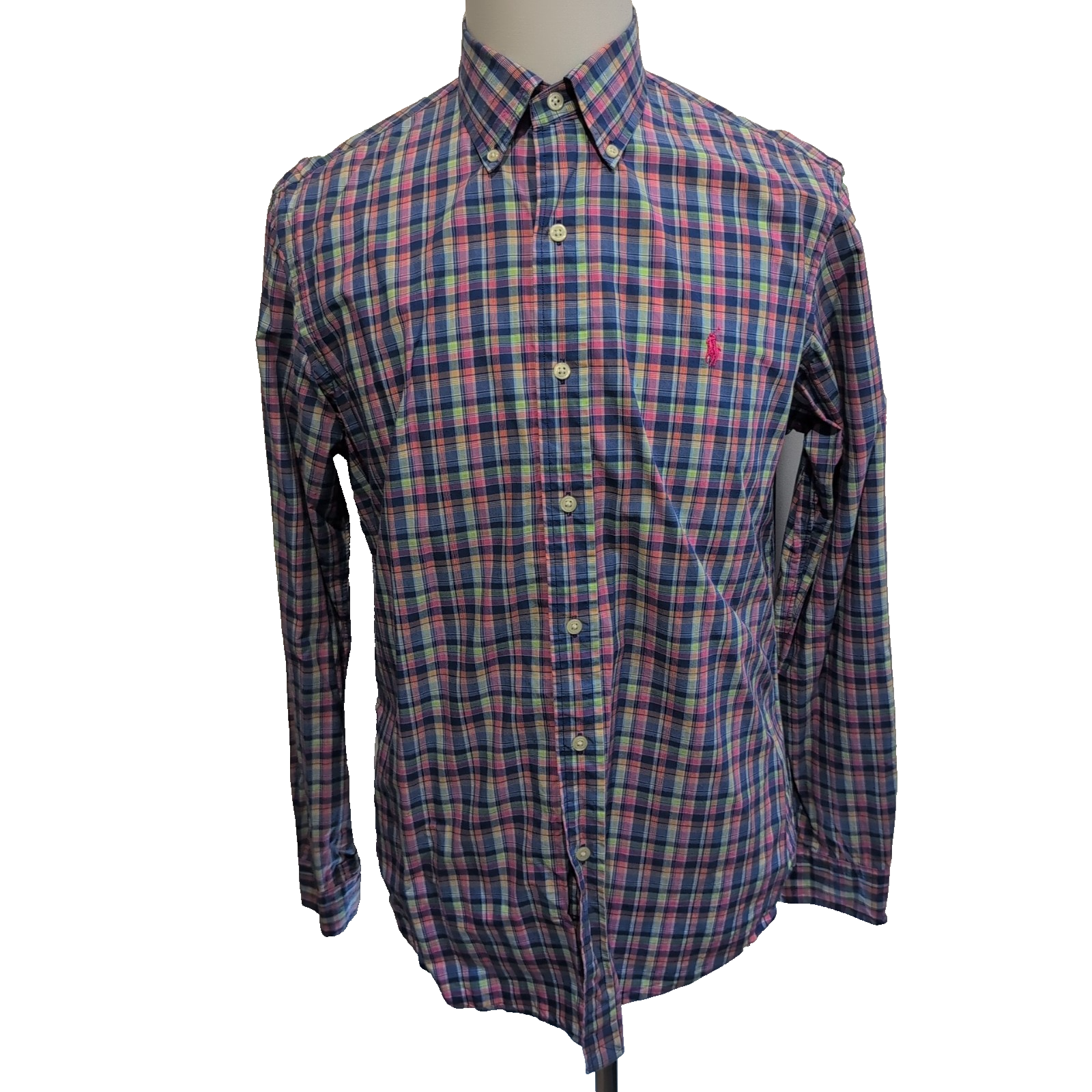 Chemise Ralph Lauren M Rose Bleu Carreaux Shirt Button Down Logo Fluo Coton