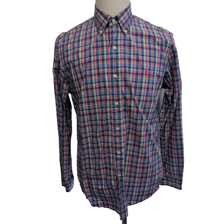 Chemise Ralph Lauren M Rose Bleu Carreaux Shirt Button Down Logo Fluo Coton
