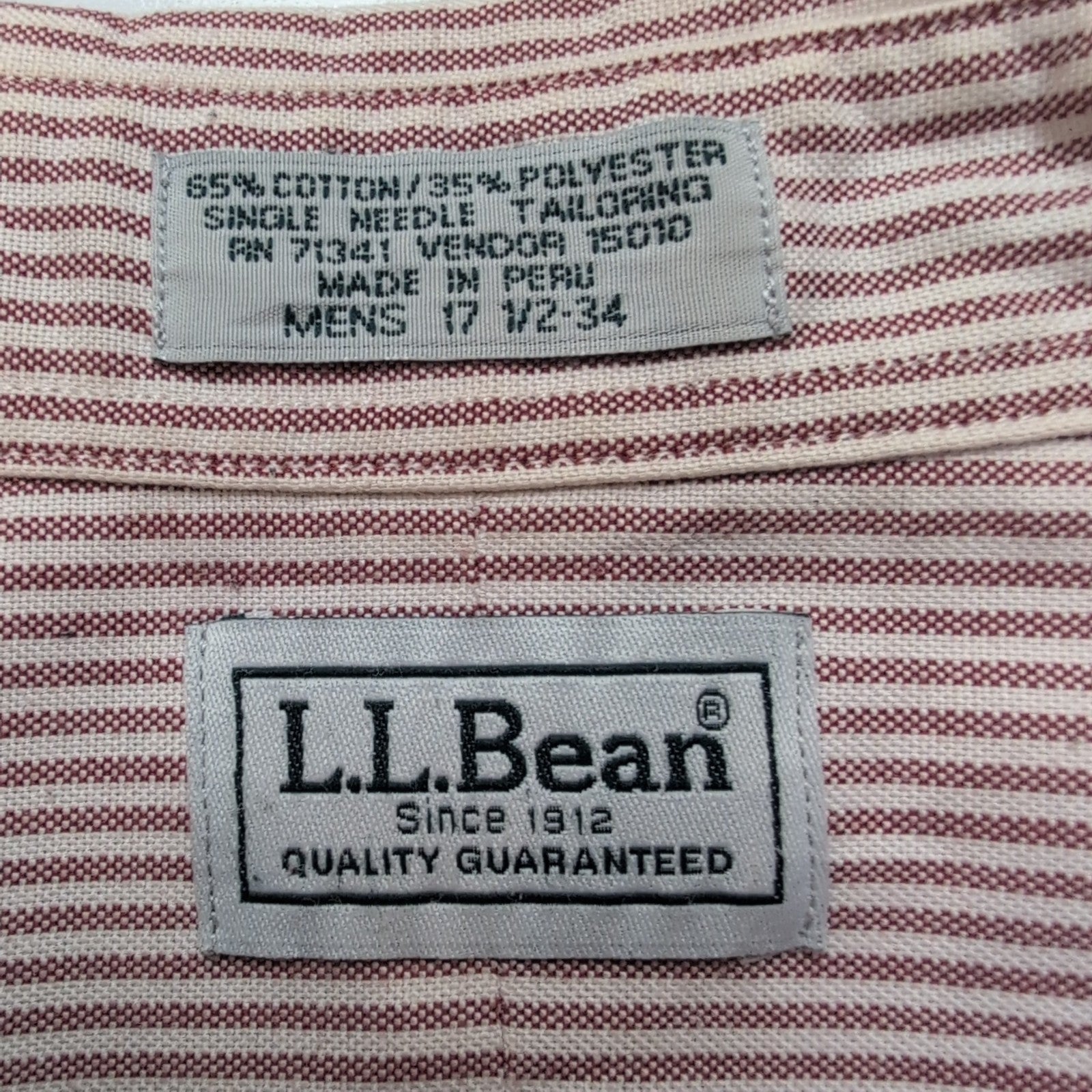 Chemise LL Bean XXL Bordeaux Rayures Coton Poche 17.5 Manches Longues