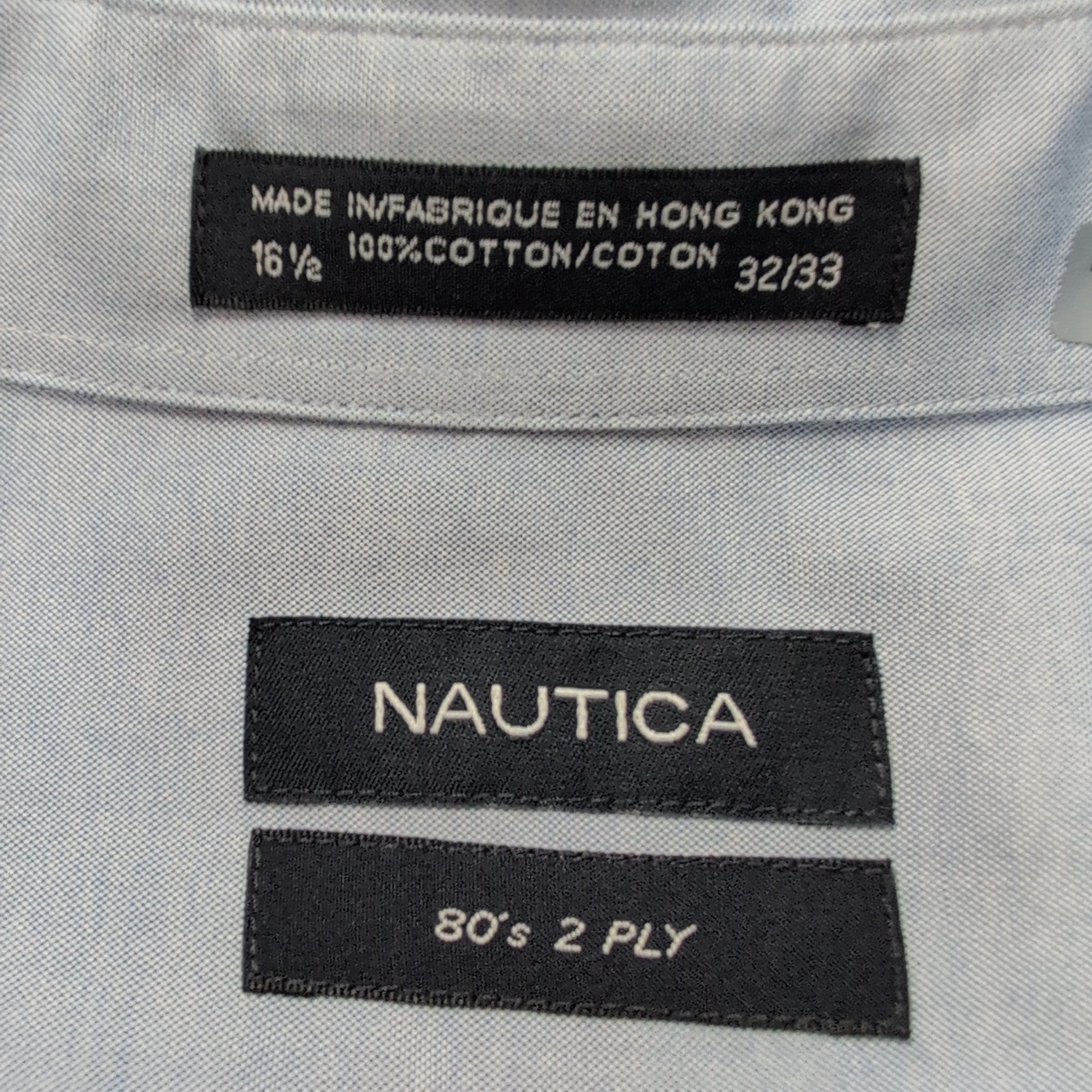 Chemise Nautica Two Ply L XL 16.5 Bleu Coton Hong Kong Logo Brodé Poche
