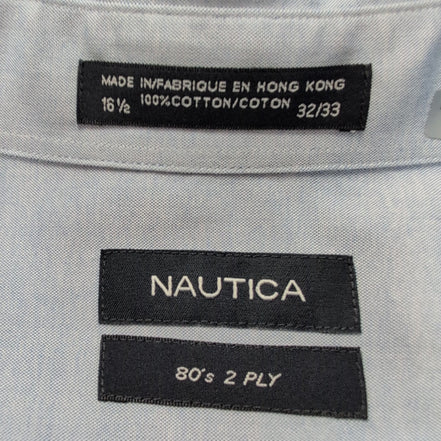 Chemise Nautica Two Ply L XL 16.5 Bleu Coton Hong Kong Logo Brodé Poche