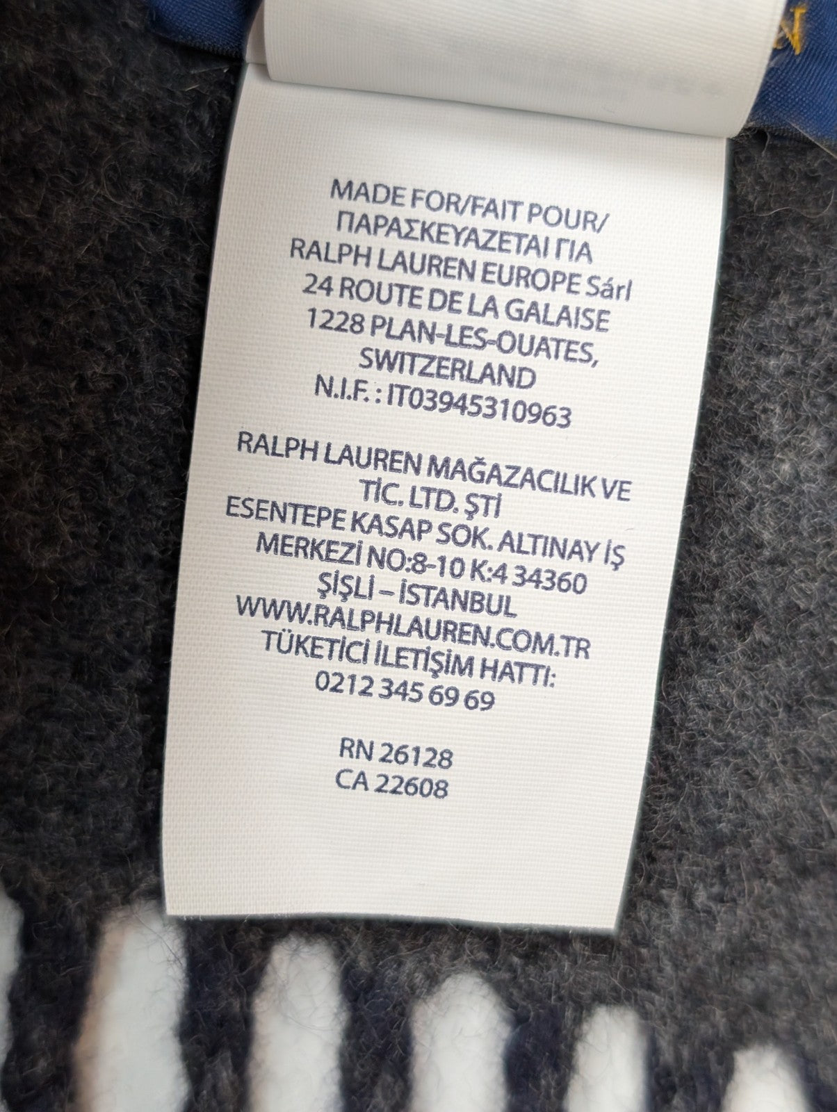 Écharpe Polo Ralph Lauren Réversible Logo Géant Laine Vierge Marine Gris Italy