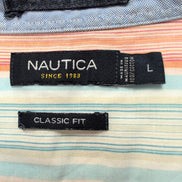 Chemise Nautica Classic Fit L Bleu Orange Rayures 100% Coton Manches Courtes