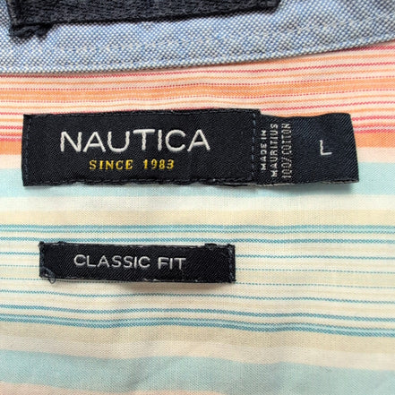 Chemise Nautica Classic Fit L Bleu Orange Rayures 100% Coton Manches Courtes