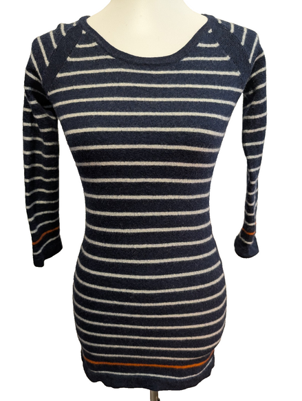 Pull Long CYNTHIA ROWLEY 100% Laine Mérinos Extra Fine Bleu Rayé Femme