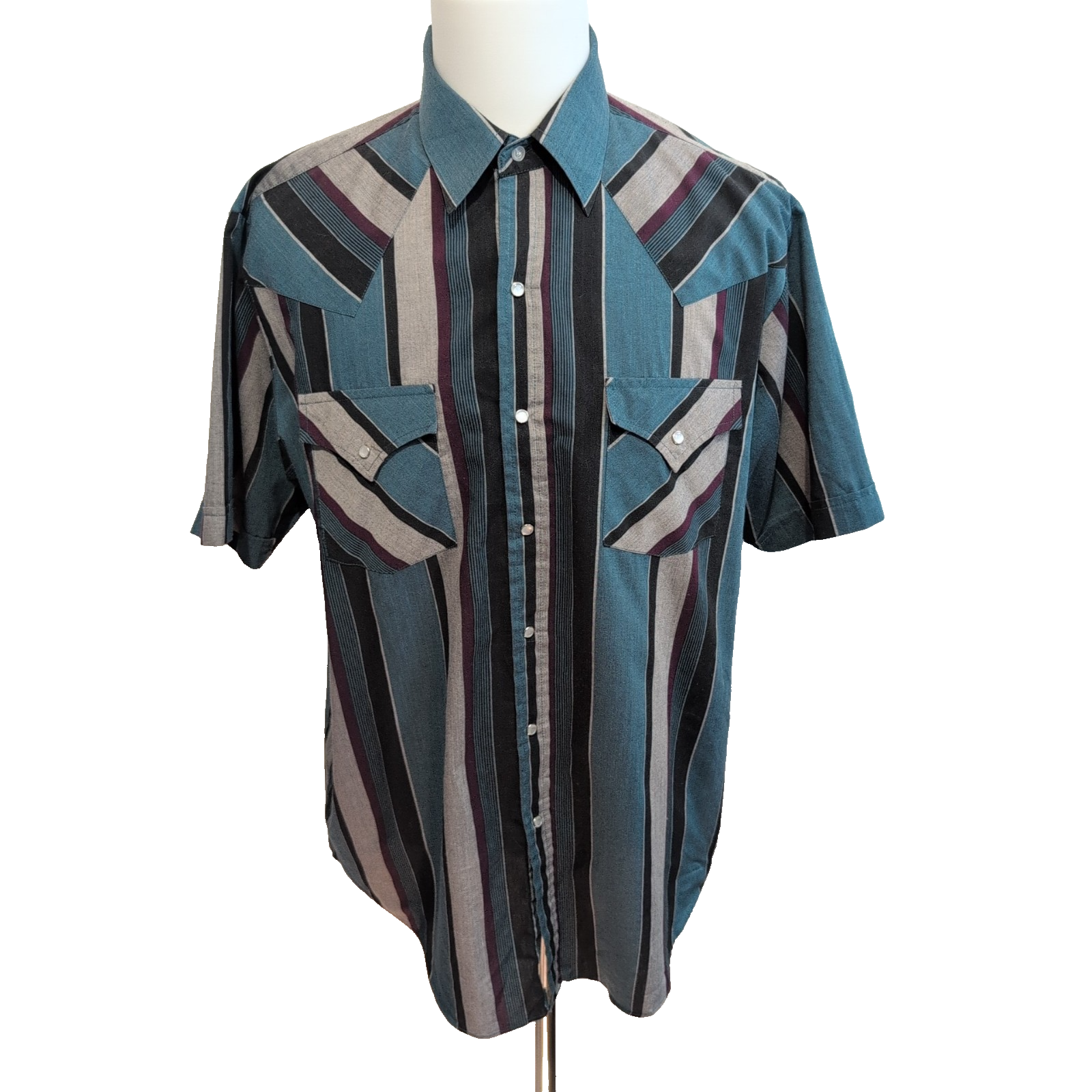 Plains chemise western vintage rayures noir vert bordeaux boutons pression L