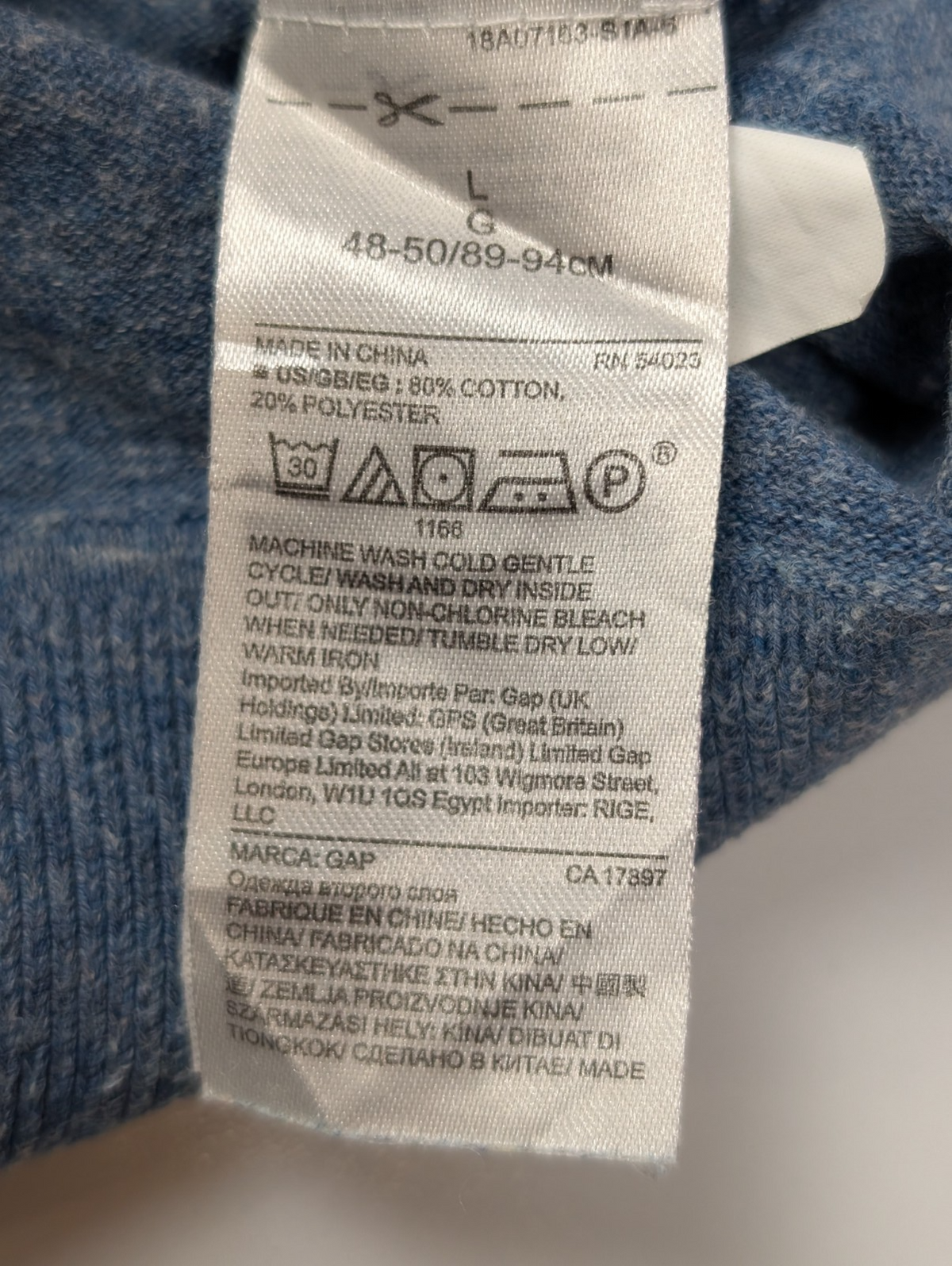 Pull GAP L bleu chiné col rond 80% coton maille fine léger