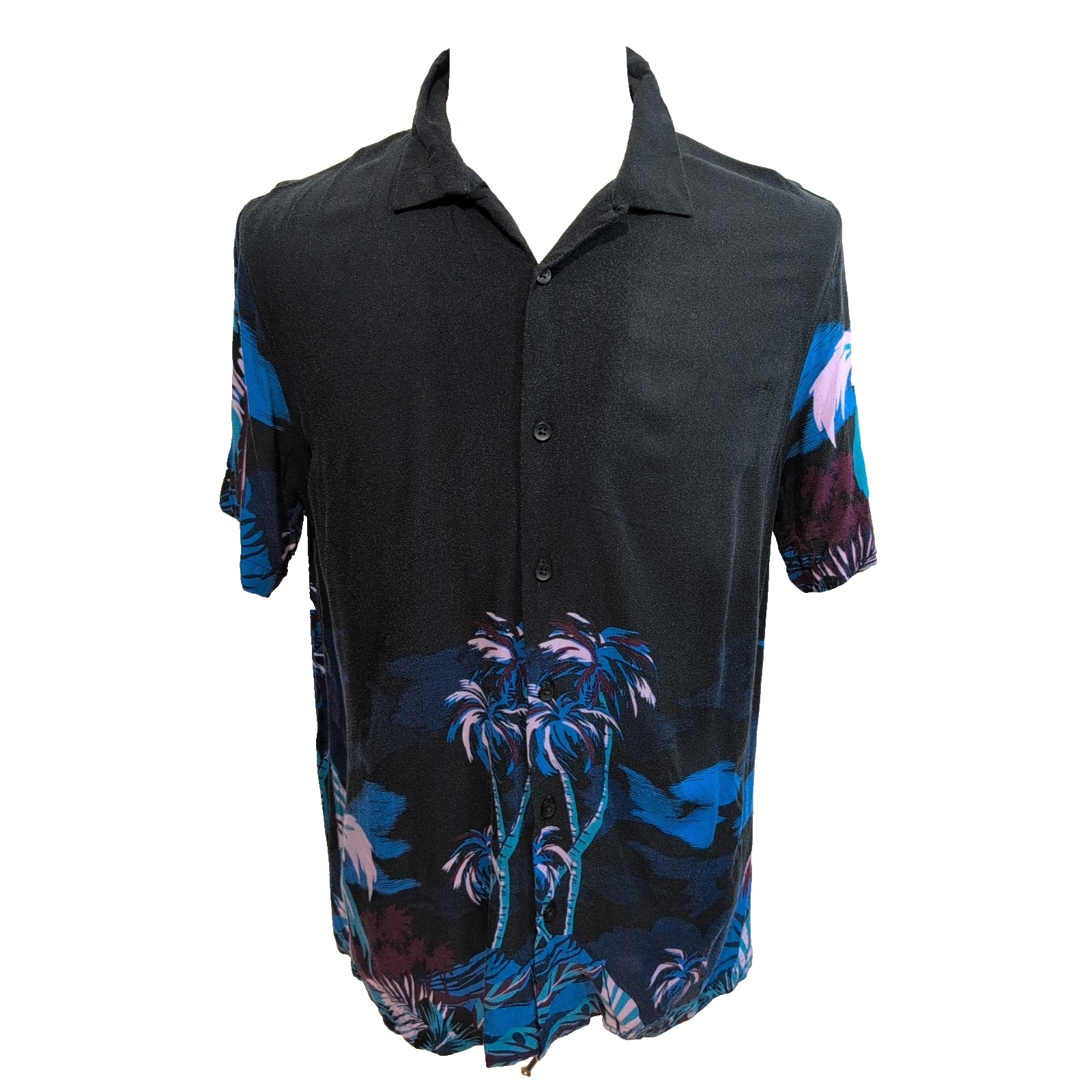 Chemise Hawaïenne American RAG Rayonne Noir Motif Palmiers Bleu M
