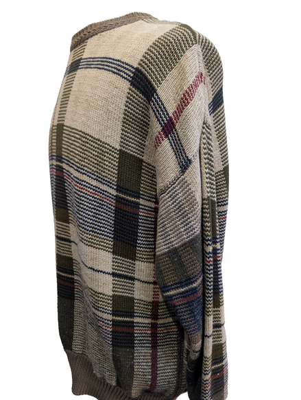 Pull Vintage Nautica S carreaux beige kaki coton ramie lin col rond