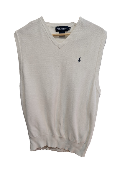 Pull sans manches Polo Golf Ralph Lauren M blanc col V coton logo marine