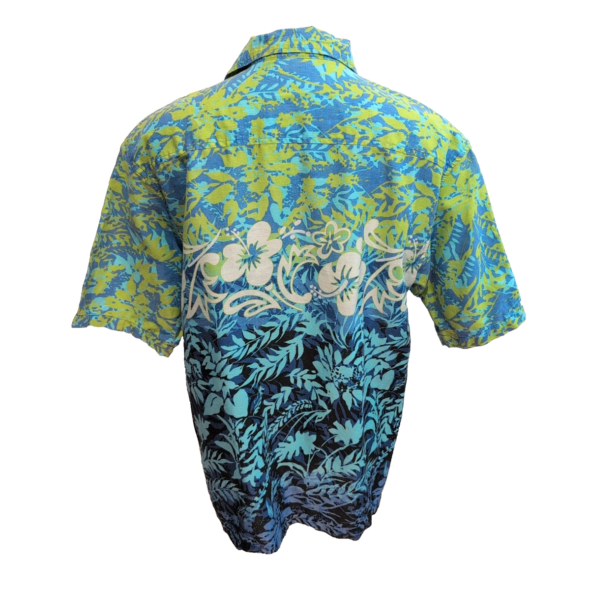 Chemise Hawaïenne OTB M Lin Coton Bleu Vert Blanc Fleurs Feuilles