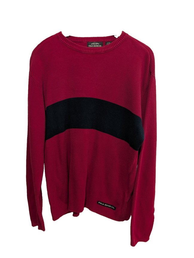 Pull Polo Ralph Lauren Jeans Co rouge noir rayures coton col rond taille M