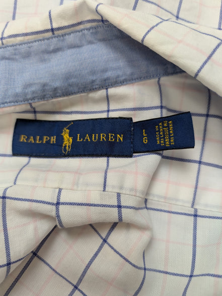 Chemise Ralph Lauren blanche à carreaux bleue logo bleu marine coton taille L bd