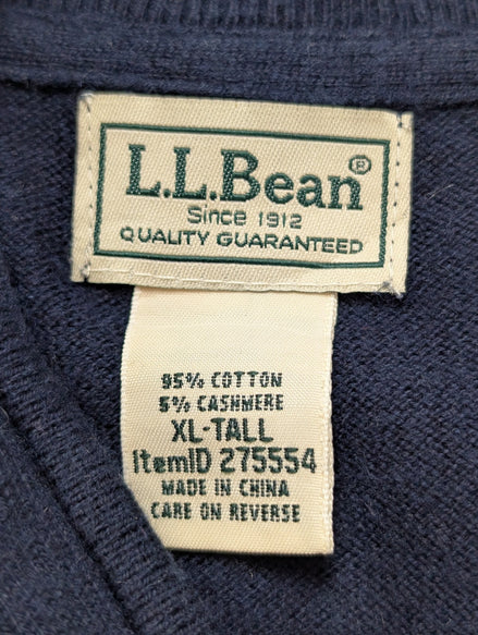 Pull L.L. BEAN Col Zippé Bleu Marine Coton Cachemire Manches Longues Taille XL