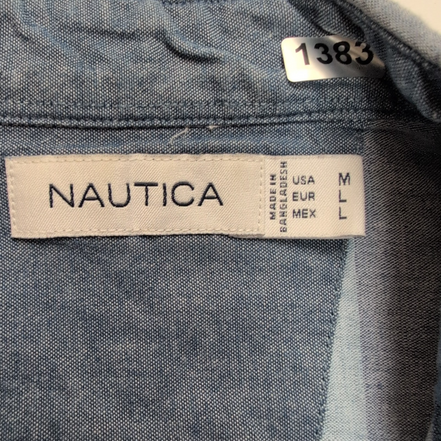 Chemise Nautica M Bleu Rayures Lin Coton Logo Brodé Poche Manches Courtes