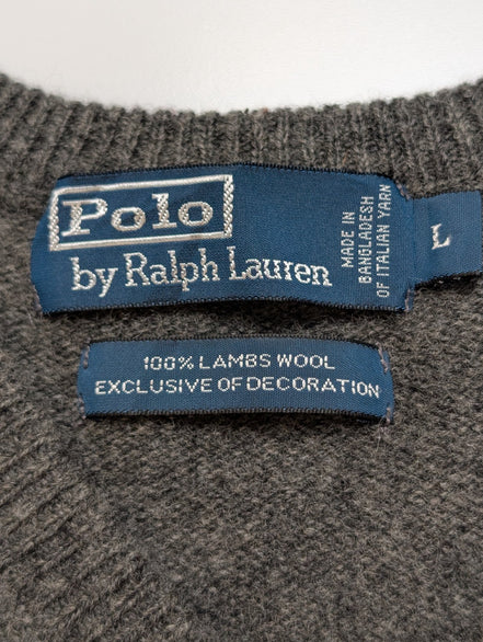 Pull Polo Ralph Lauren Gris Logo Violet - 100% Laine d'Agneau L (Ajusté)