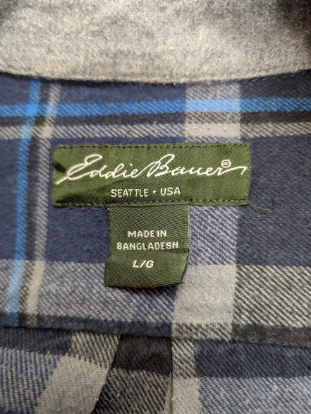 Chemise Flanelle Eddie Bauer L Bleu Gris Carreaux Bûcheron |287S