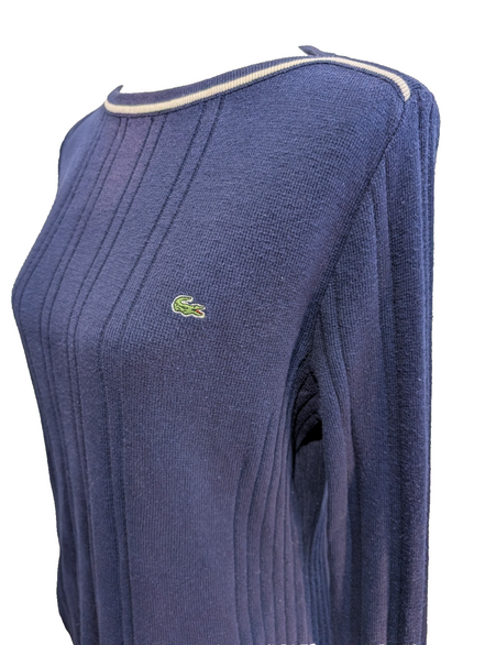 Pull Lacoste Vintage Bleu Marine Rayures Gaufrées Col Rond - Taille 40 L