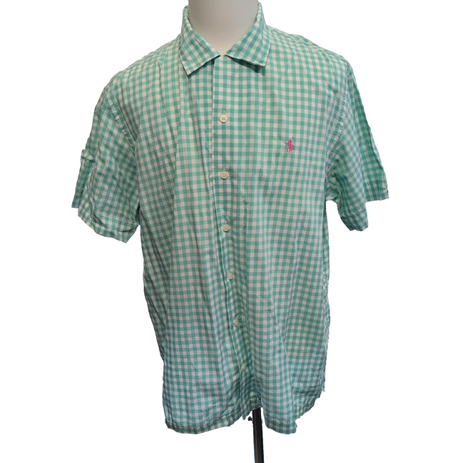 Chemise Ralph Lauren XL Verte Carreaux Logo Rose Manches Courtes Fendues