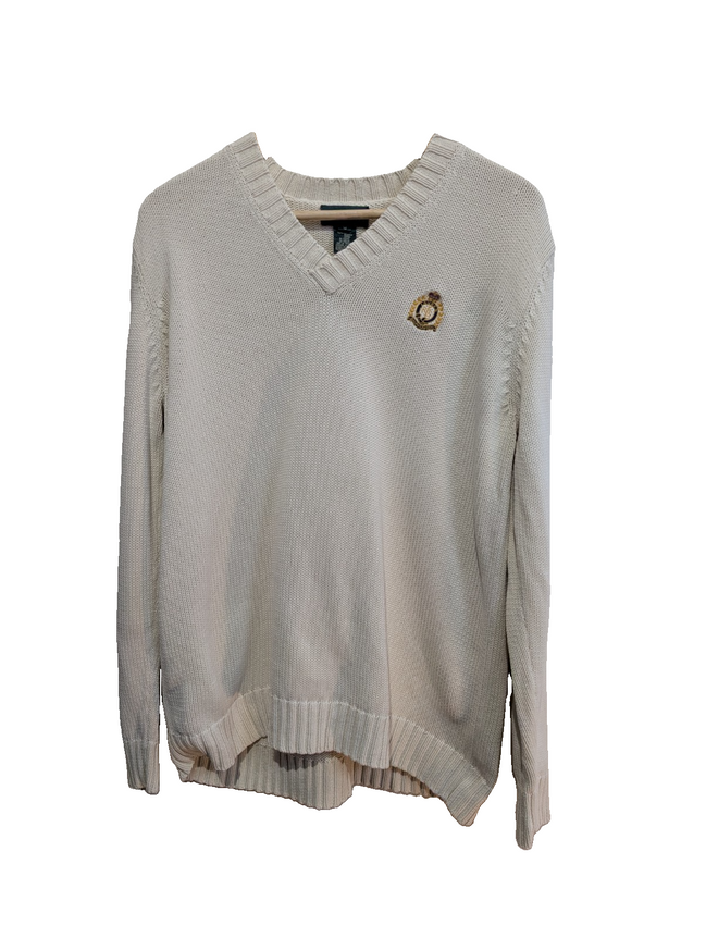 Pull Lauren Ralph Lauren femme M blanc cassé col V écusson brodé coton