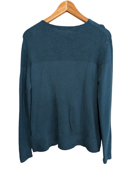 Pull Fred Perry Femme L Bleu Vert 100% Laine Made in Italy Logo Argenté