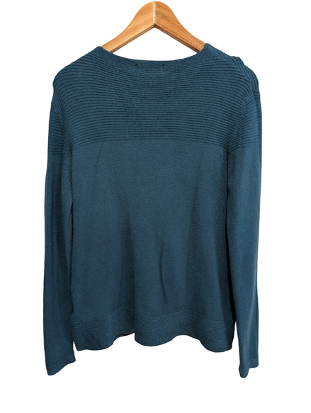 Pull Fred Perry Femme L Bleu Vert 100% Laine Made in Italy Logo Argenté