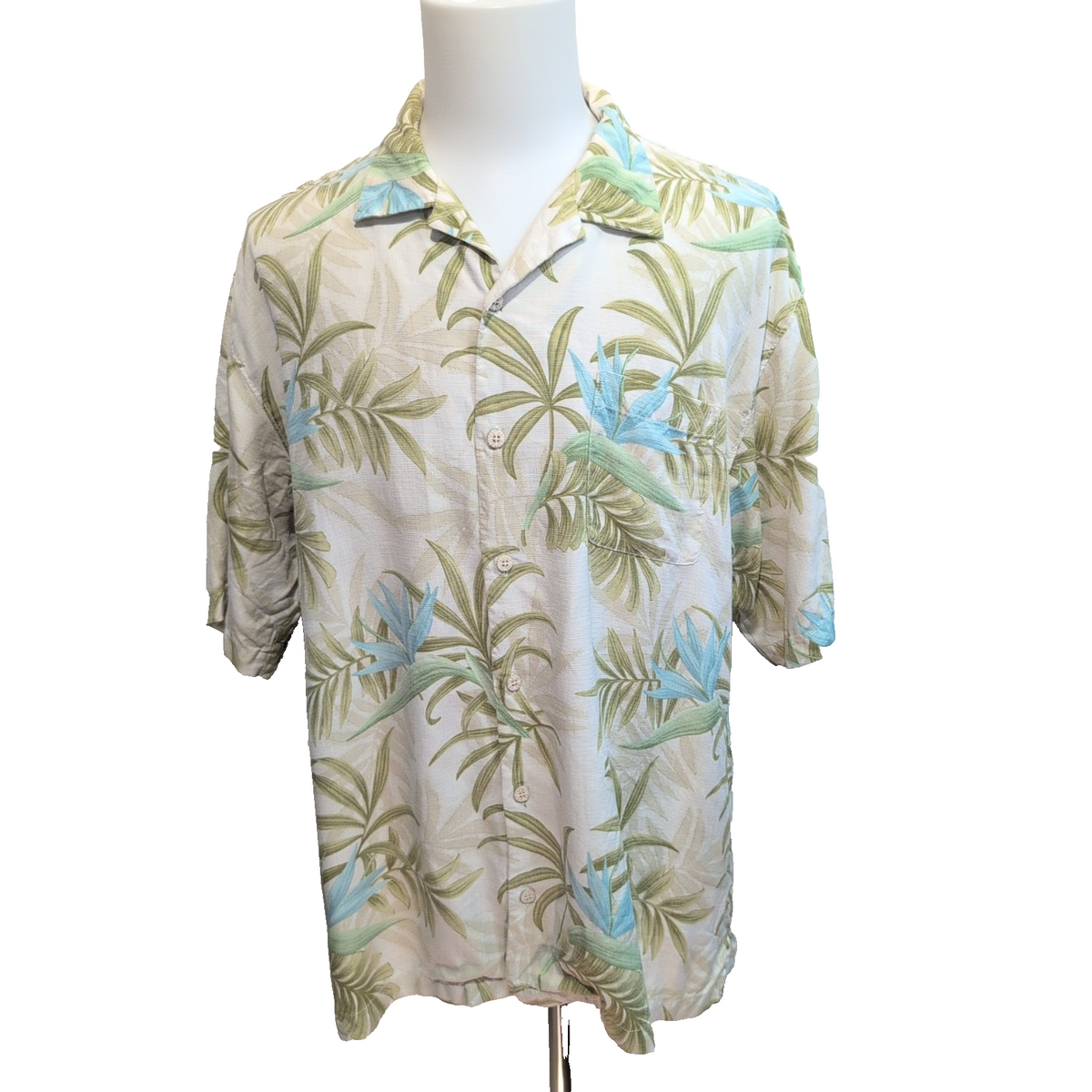 Chemise hawaïenne Tommy Bahama XL beige verte fleurie 100% soie manches courtes