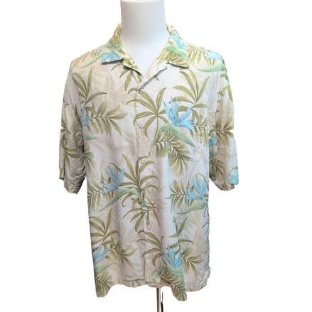 Chemise hawaïenne Tommy Bahama XL beige verte fleurie 100% soie manches courtes