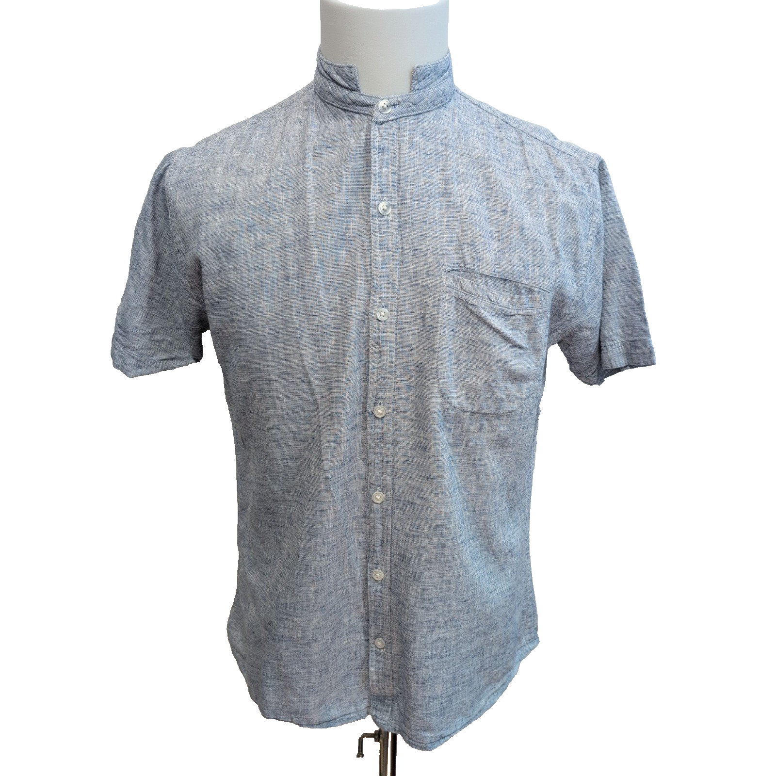 Chemise Flax Yarn M Bleu Chiné 100% Lin Col Mao Slim Fit manches courtes