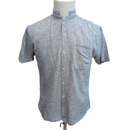 Chemise Flax Yarn M Bleu Chiné 100% Lin Col Mao Slim Fit manches courtes