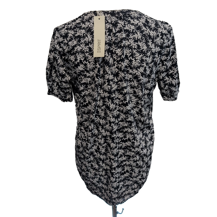 Haut Esprit Femme M Bleu Marine Fleuri Blanc Manches Courtes Viscose Neuf