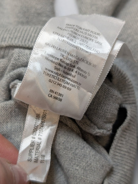 Pull Polo Ralph Lauren Col V Gris Clair Logo Bleu Marine - 100% Coton Pima XL