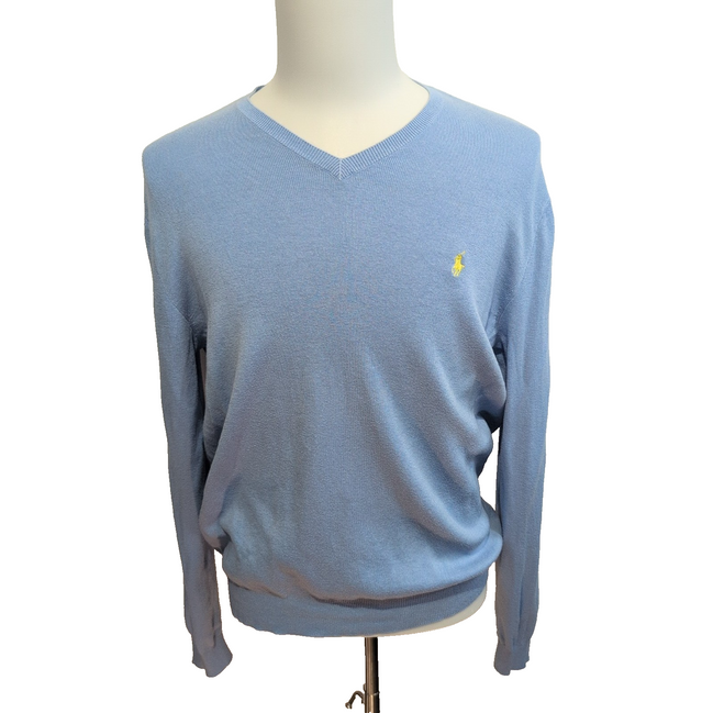 Pull fin col V Polo Ralph Lauren bleu clair Logo jaune 100% Pima coton Taille M
