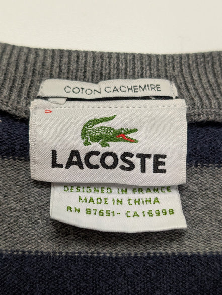 Pull Lacoste L Taille 5 coton cachemire bleu gris rayures col rond