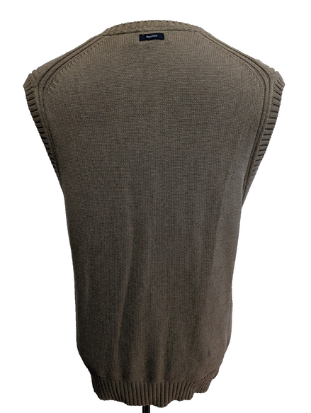 Pull Nautica L sans manches kaki beige col V 100% coton logo brodé