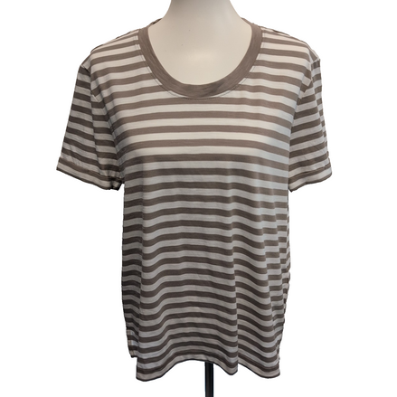 Haut Esprit Femme XL Marron Blanc Rayé 100% Coton Manches Courtes Neuf