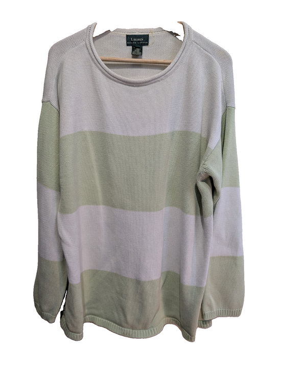 Pull Lauren Ralph Lauren femme 1X XL XXL coton rayures vert menthe blanc