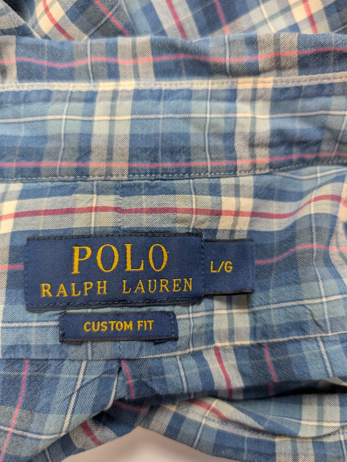 CHEMISE Ralph Lauren Homme L CUSTOM FIT Bleu Carreaux TBE Réparée 100% Coton