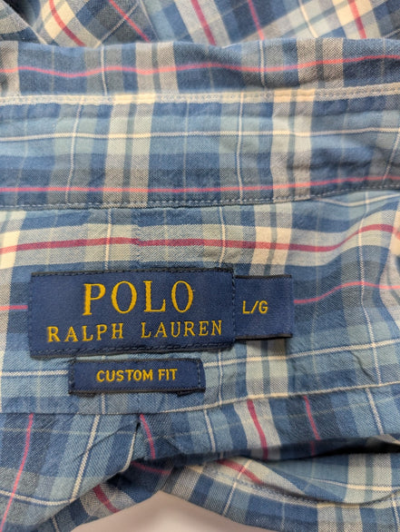 CHEMISE Ralph Lauren Homme L CUSTOM FIT Bleu Carreaux TBE Réparée 100% Coton