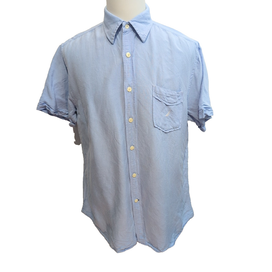 Chemise Nautica L Bleu Clair Rayonne Lin Manches Courtes Logo Brodé Vintage