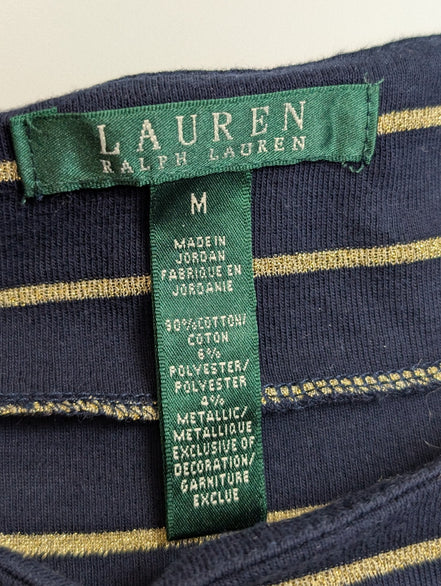 Pull LAUREN Ralph Lauren femme M bleu marine rayures dorées écusson brodé