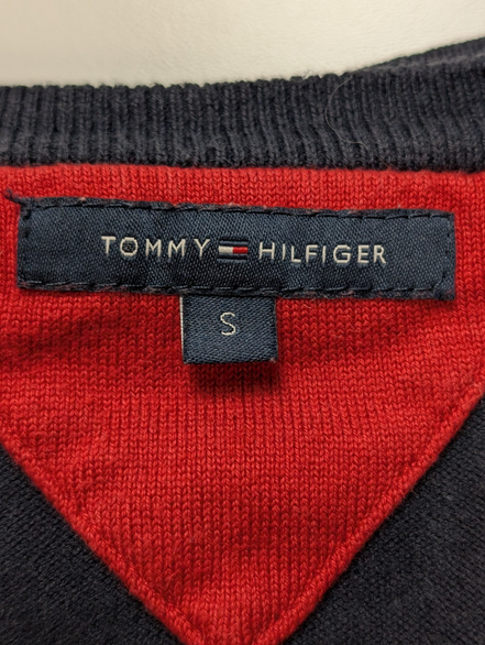 Pull Fin Tommy Hilfiger Femme Col V Bleu Taille S Logo Brodé