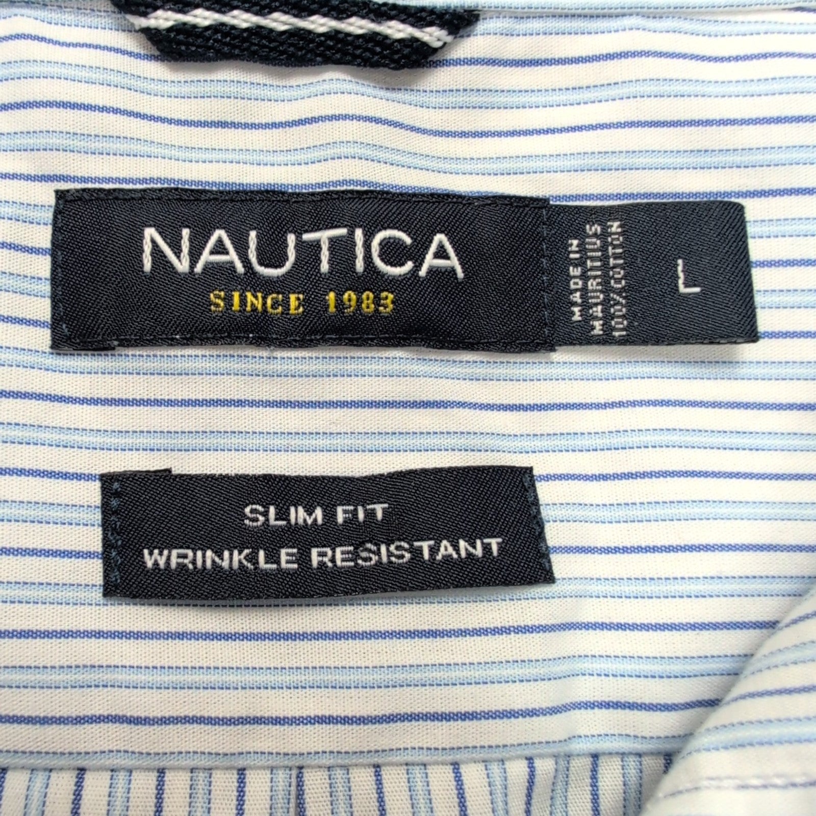 Chemise Nautica L Slim Fit Bleu Rayures Made in Mauritius Coton manches longues