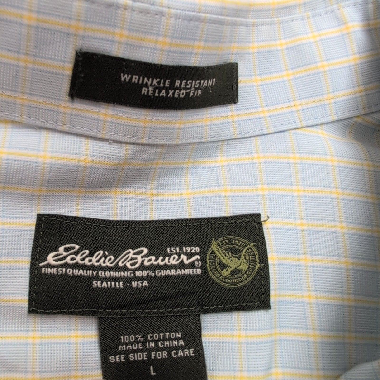 Chemise Eddie Bauer L USA Bleu Jaune Carreaux 100% Coton Manches Longues