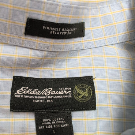 Chemise Eddie Bauer L USA Bleu Jaune Carreaux 100% Coton Manches Longues